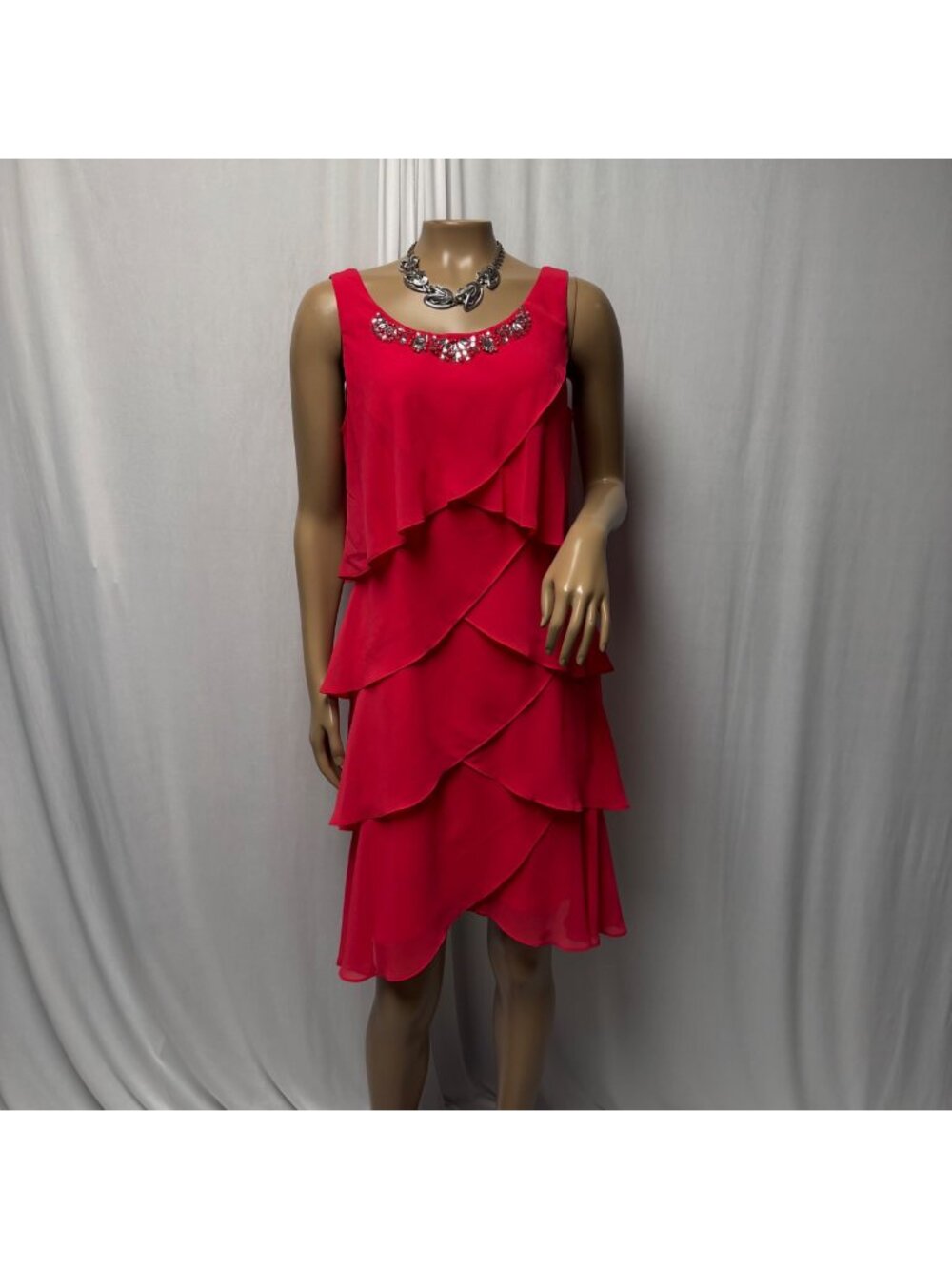 SLNY Sleeveless Tiered Chiffon Dress Size 8 Embellished Neckline Sheer Jacket